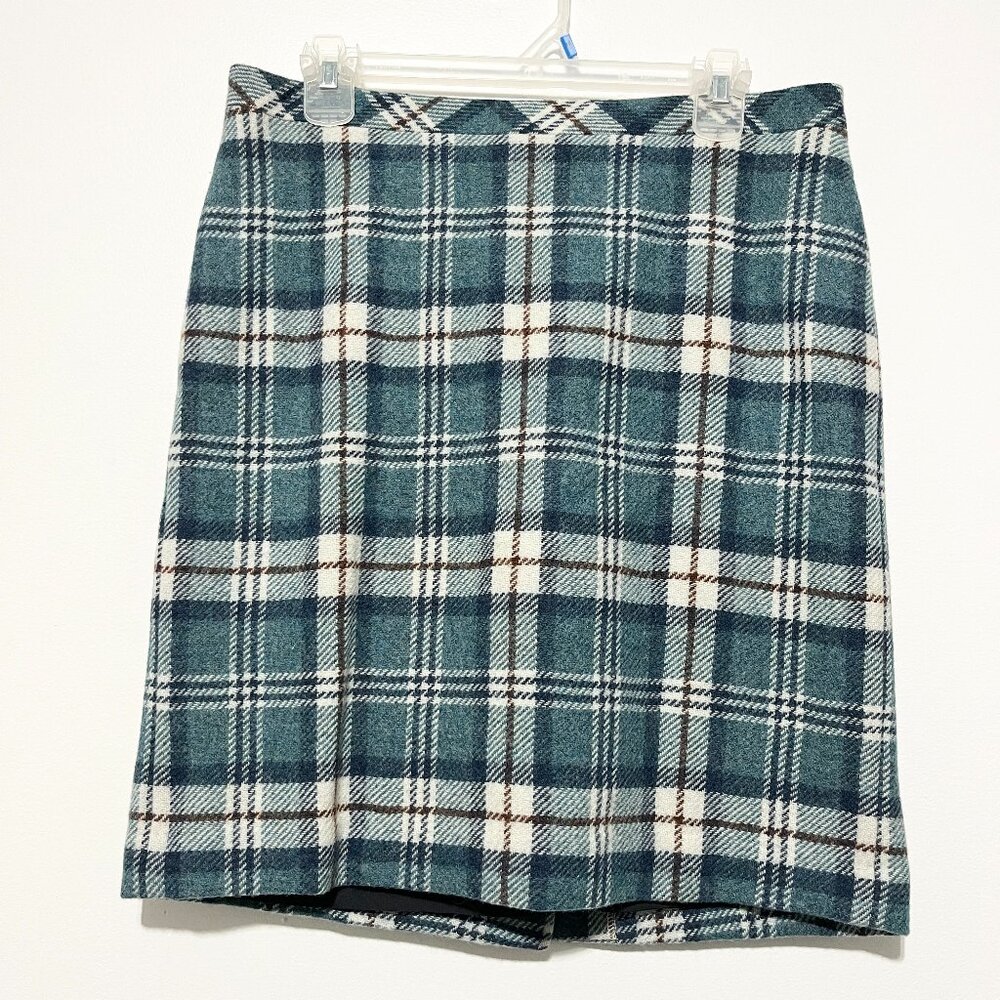 LL Bean Womens Academia Wool Blend Skirt 10 Blue Plaid Preppy Heritage Old Money